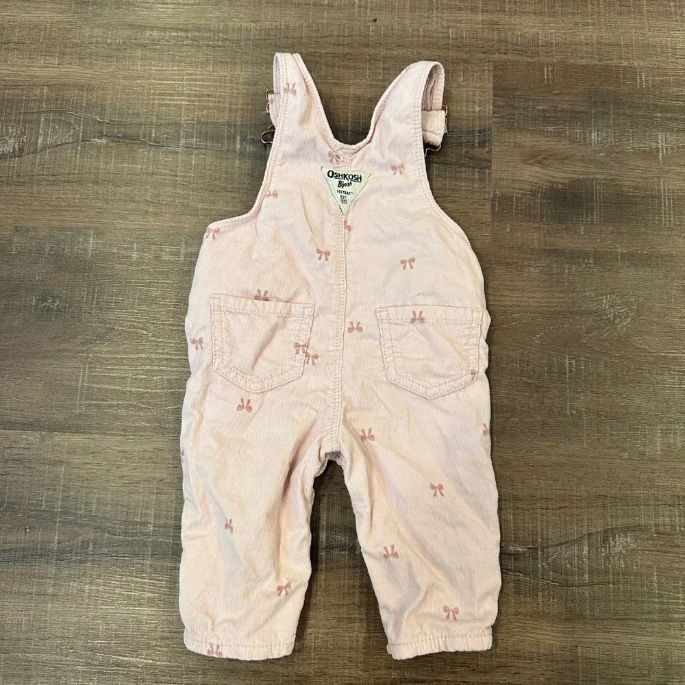 OshKosh B'gosh Pink Corduroy Bow Print Overalls 6m Baby Girl Vestbak
